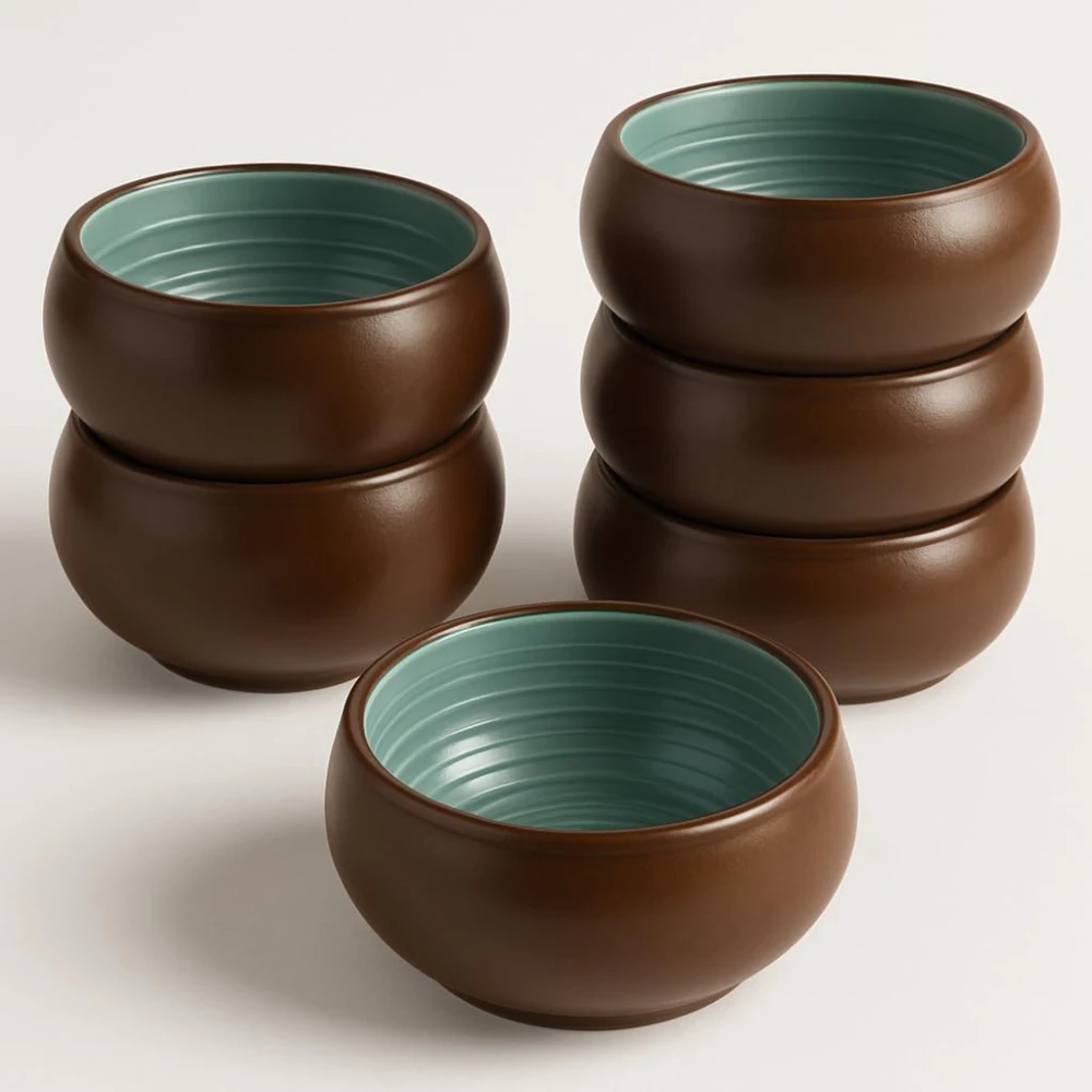 HOUSELA Handcrafted Ceramic Serving Bowls – Set of 6 | Dual Tone (Brown & Teal) | 150 ml Each | Microwave & Dishwasher Safe