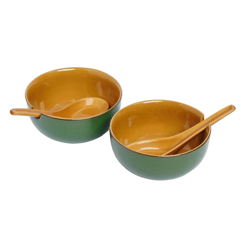 HOUSELA Ceramic Soup Bowl Set with Spoon, Set of 2, 300ml | Soup Mug/Cup | Glossy Finish | Microwave Safe (Soup Cup Set of 2 - Teal Green)