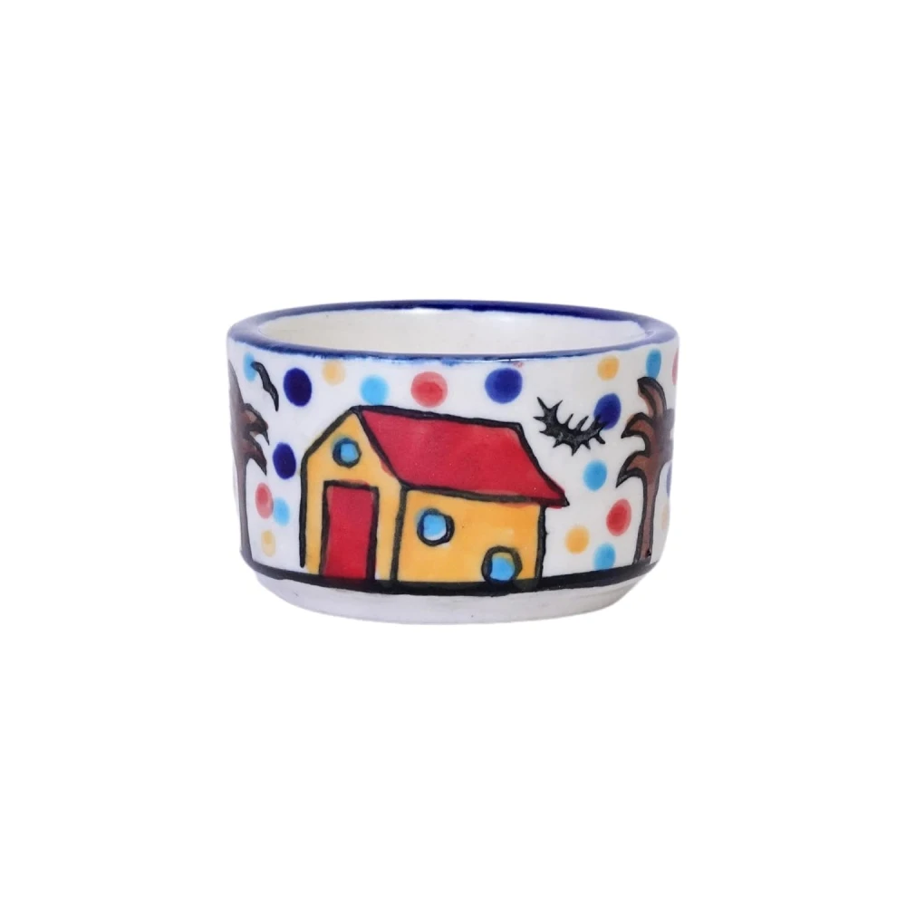 Rudrart Creations Handpainted 4 Dips of Hut Ceramic Dip Bowl/Chutney Bowl/Pickle Bowl/Sauce Serving Bowl Set (50 ML, Small, 4-Pieces, Multicolour, Cartoon Shape Round)
