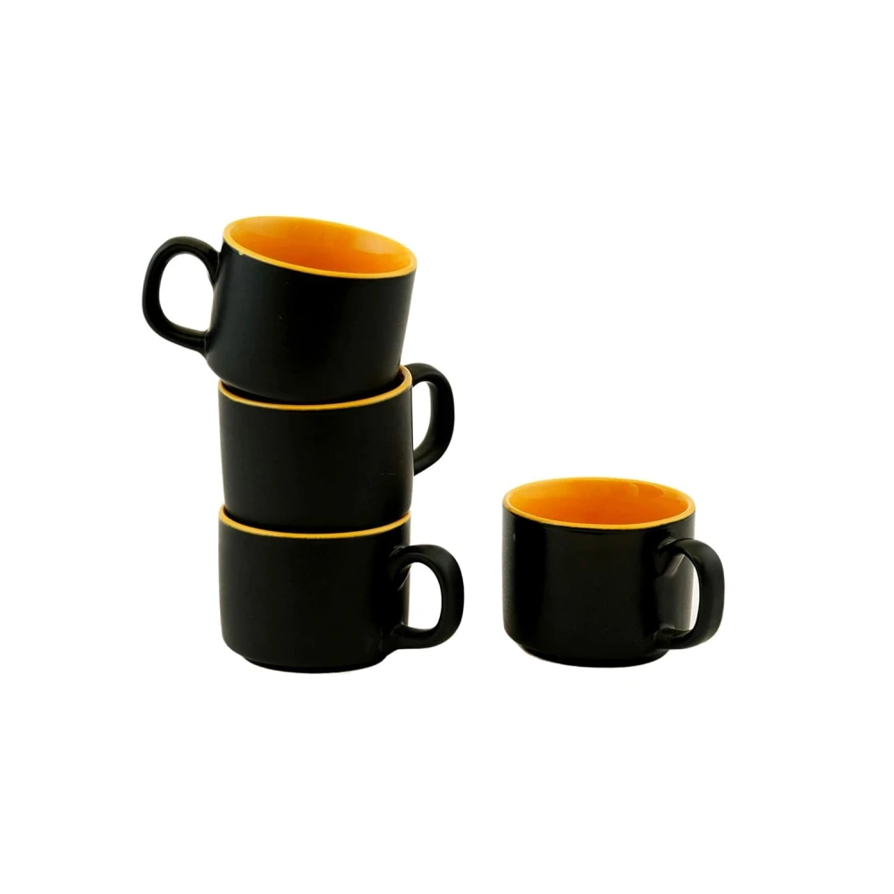 HOUSELA Hand-Painted Studio Pottery Tea/Coffee Cups in Ceramic (Set of 6, Microwave Safe) Color-Black & Yellow