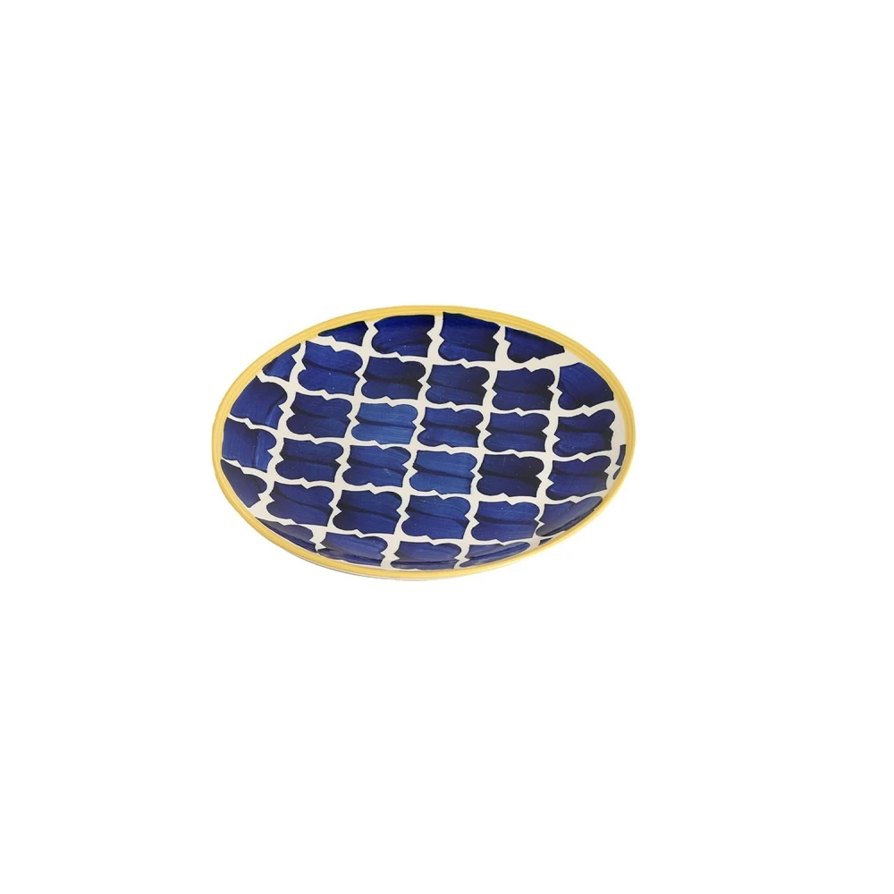 Umrao Blue Ceramic Dinner Set – 1 Serving Plate & 2 Bowls Combo | Handcrafted Royal Pattern with Yellow Rim | Microwave & Dishwasher Safe | Premium Stoneware Dining Set