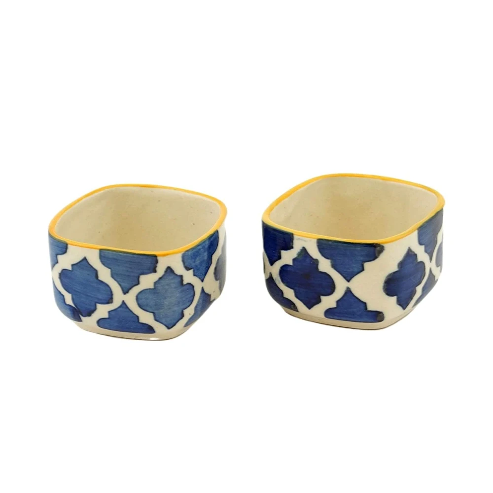 HOUSELA Stoneware Blue Classic Moroccan Pattern Chutney/Serving/Dessert/Dip/Bowl -Set of2(Square Shape,Microwave & Dishwasher Safe