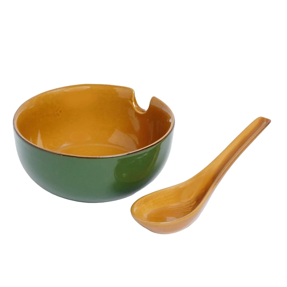 HOUSELA Ceramic Soup Bowl Set with Spoon, Set of 2, 300ml | Soup Mug/Cup | Glossy Finish | Microwave Safe (Soup Cup Set of 2 - Teal Green)