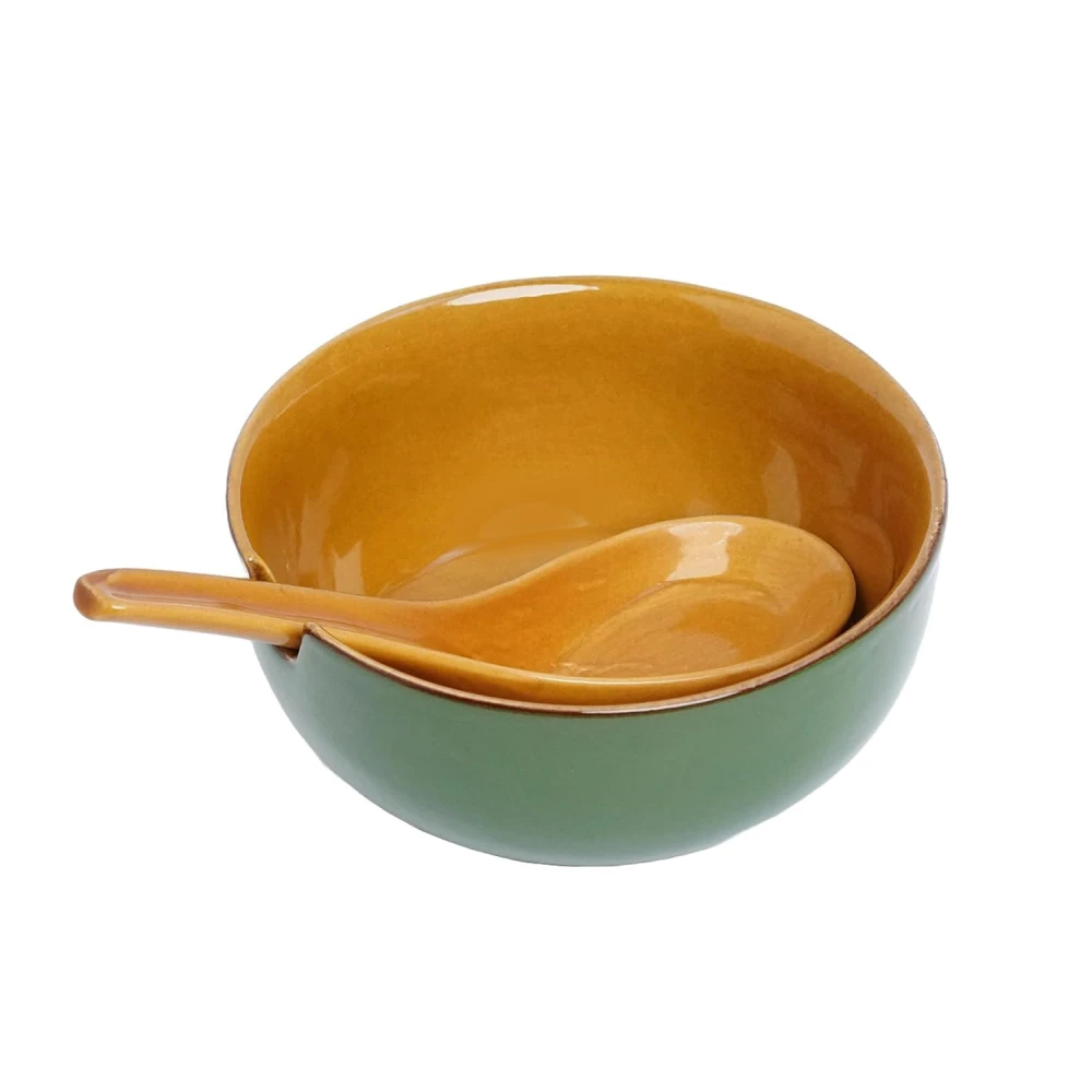 HOUSELA Ceramic Soup Bowl Set with Spoon, Set of 2, 300ml | Soup Mug/Cup | Glossy Finish | Microwave Safe (Soup Cup Set of 2 - Teal Green)