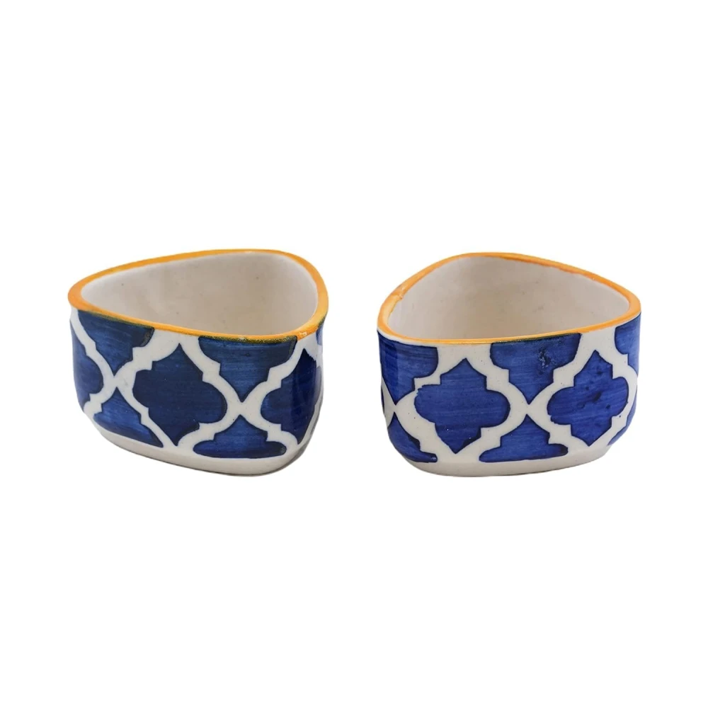 HOUSELA Stoneware Blue Classic Moroccan Pattern Chutney/Serving/Dessert/Dip/Bowl -Set of 4(Triangle Shape,Microwave & Dishwasher Safe