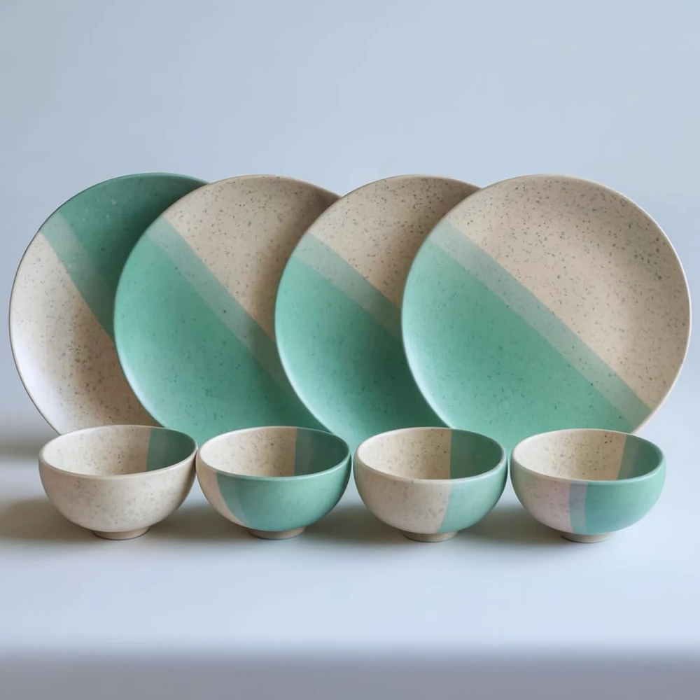 Set of 4 Ceramic Dinner Plates & 4 Bowls – Mint Green & Beige Speckled Stoneware Dinner Set, Modern Kitchen Plates 10 Inch, Soup & Cereal Bowls, Microwave & Dishwasher Safe