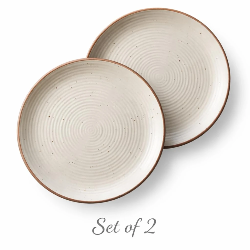 Housela Cream Ribbed Stoneware Dinner Plates 10.3 Inch Set of 2 Pcs Ceramic Plates for Dinner | Microwave & Dishwasher Safe | Off White