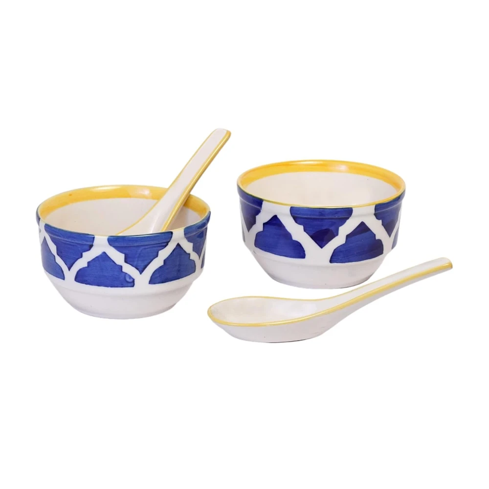 HOUSELA Soupy Floral Handpainted Ceramic Modern Soup Set Bowl with Spoon Microwave Safe Dishwasher Safe (300 ml, Blue & White) -Set of 2