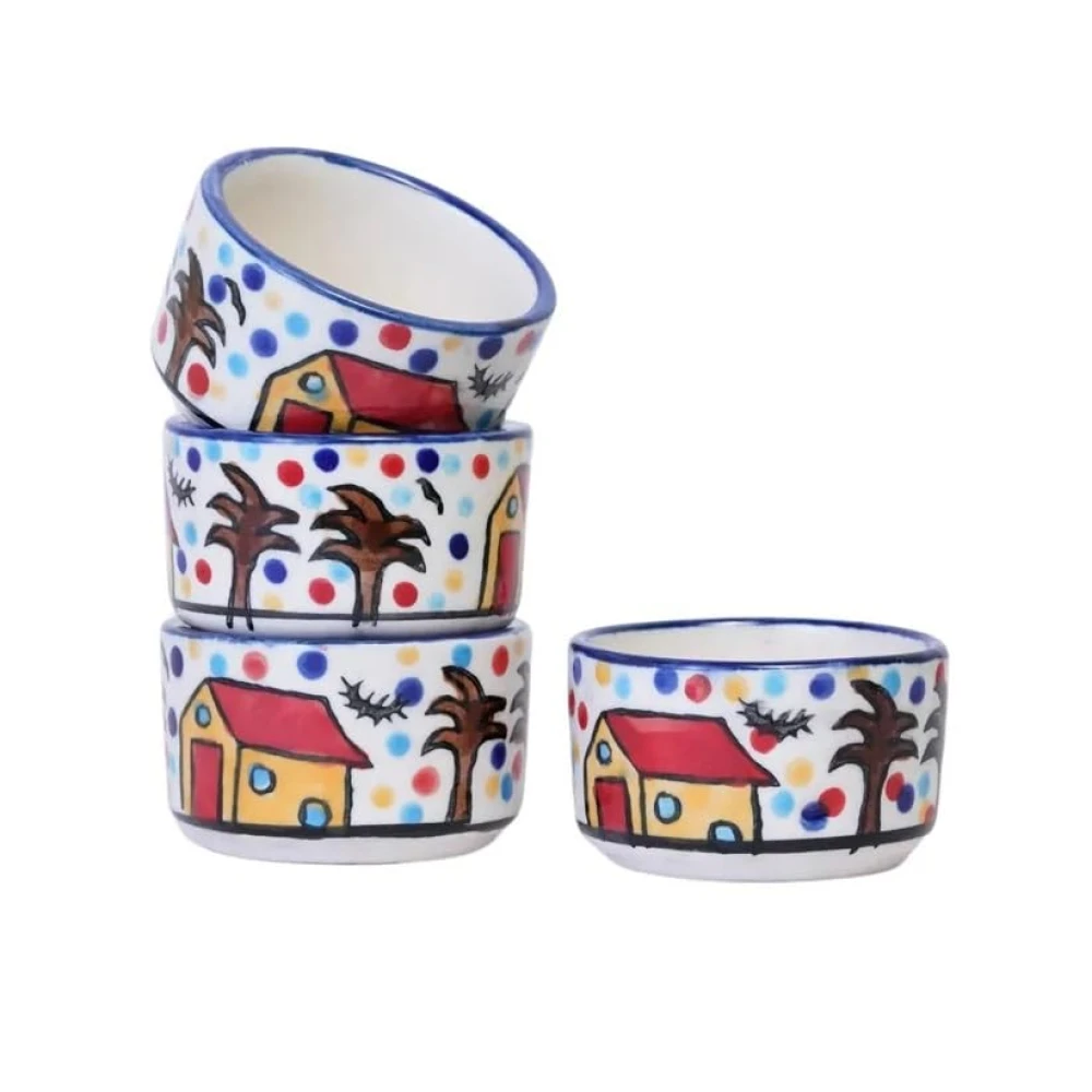 HOUSELA Hand Painted White Ceramic Bowl for Serving Chutney Bowl Pickle Bowl Sauce Bowl Set of 4 Pcs