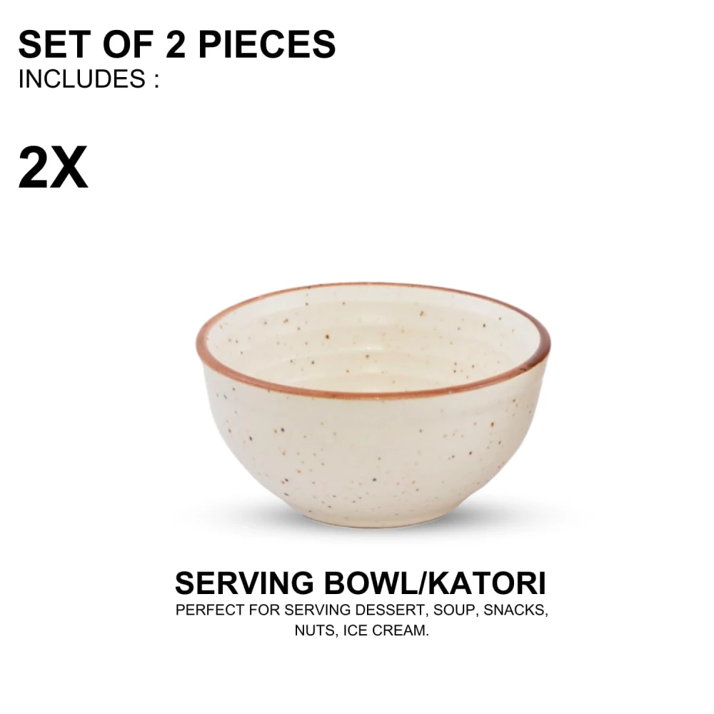 HOUSELA Hand-Painted Matte Finish Off White Ceramic Bowl Set of 2 (200ml) | Small Serving Soup Bowls, Cereal Bowl, Pasta Bowls | Dishwasher & Microwave Safe