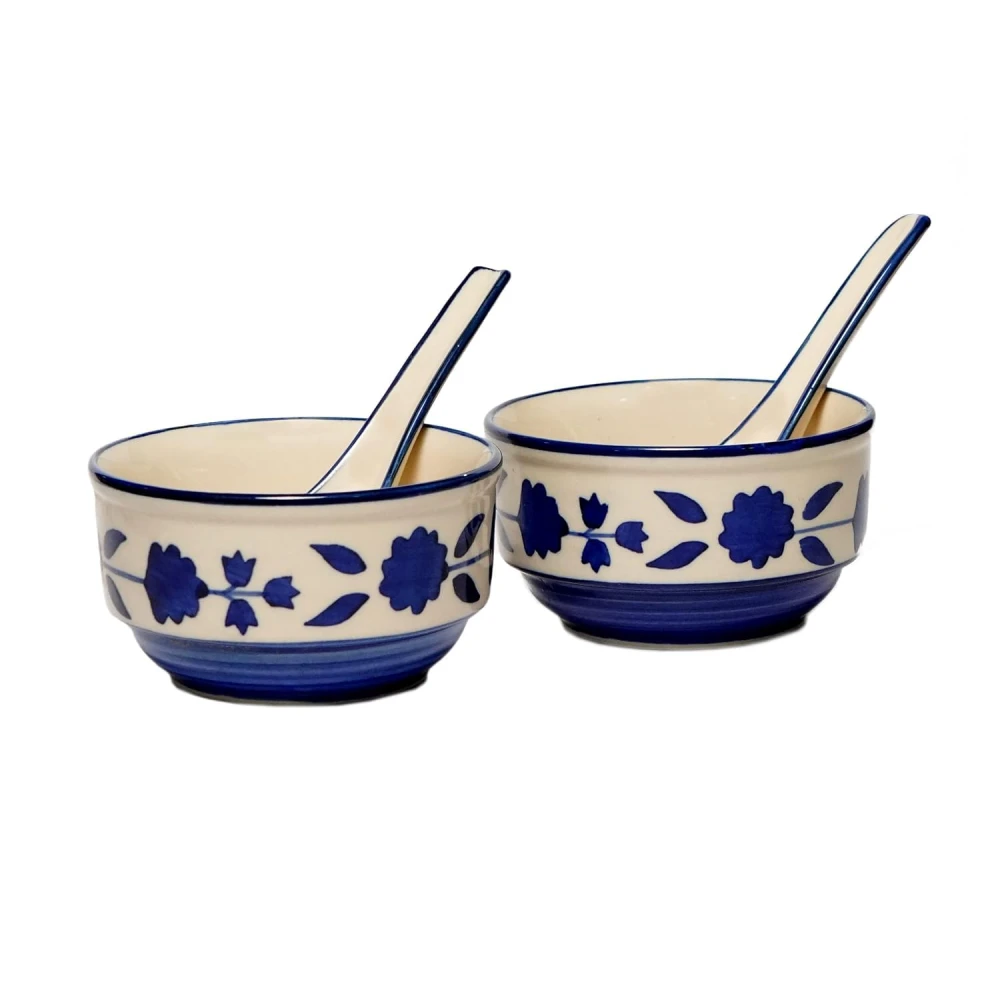 HOUSELA Soupy Floral Handpainted Ceramic Modern Soup Set Bowl with Spoon Microwave Safe Dishwasher Safe (300 ml, Blue & White) -Set of 4