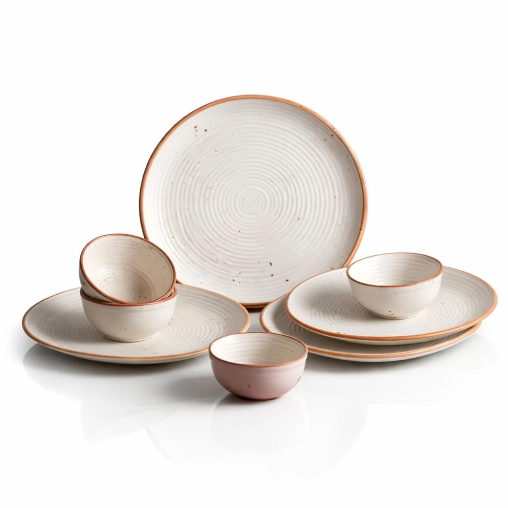 Stoneware Ceramic Dinner Set 8 Pieces – 4 Dinner Plates & 4 Bowls | Rustic Speckled Spiral Design | Microwave & Dishwasher Safe | Modern Dining Tableware Set for Home & Kitchen Use