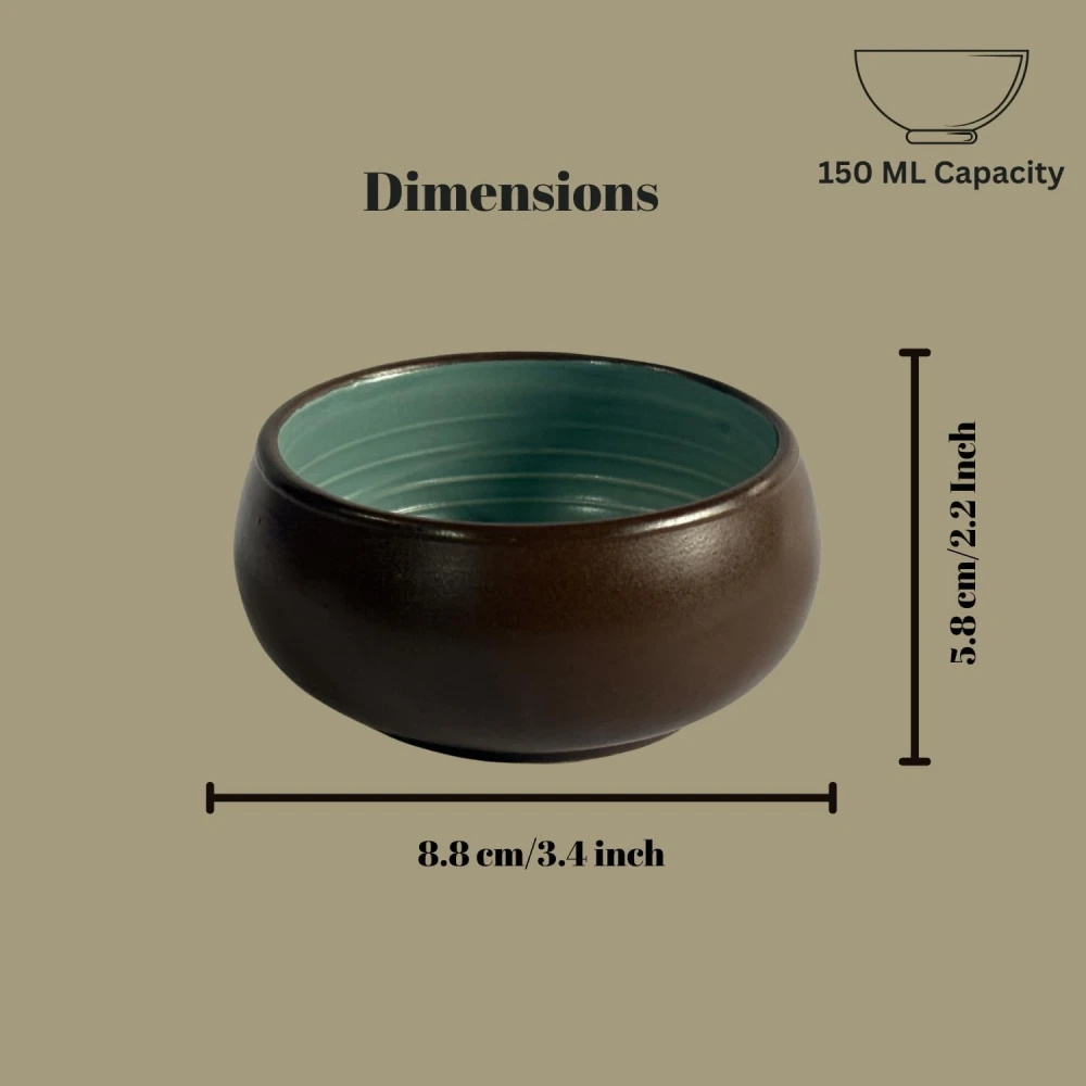 HOUSELA Handcrafted Ceramic Serving Bowls – Set of 6 | Dual Tone (Brown & Teal) | 150 ml Each | Microwave & Dishwasher Safe