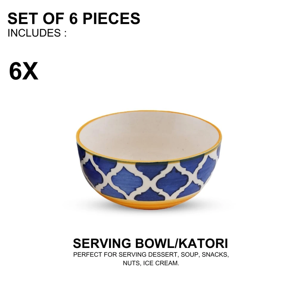 HOUSELA Creations Hand-Painted Umrao-Moroccan Design Bowls Set | Perfect for Serving Snacks, Rice, Dal, Fruits, Salad | BPA & Lead-Free Ceramic Dinner Bowls for Safe