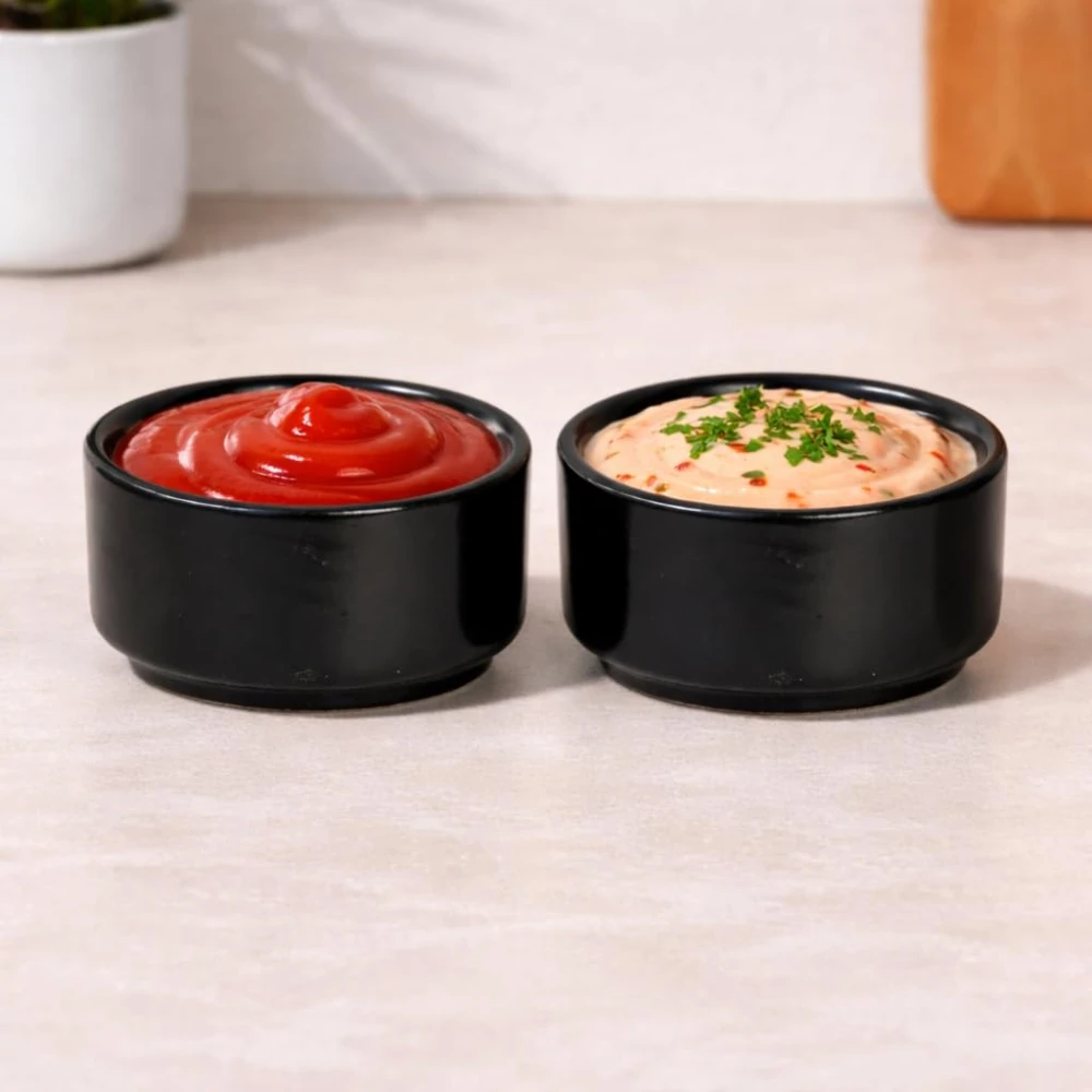 HOUSELA Ceramic Dip Bowls Set | Perfect for Chutneys, Ketchup, Sauces, Snacks | Durable, Dishwasher Safe, Ideal for Parties and Everyday Use | - Black (50 ml, Set of 2)