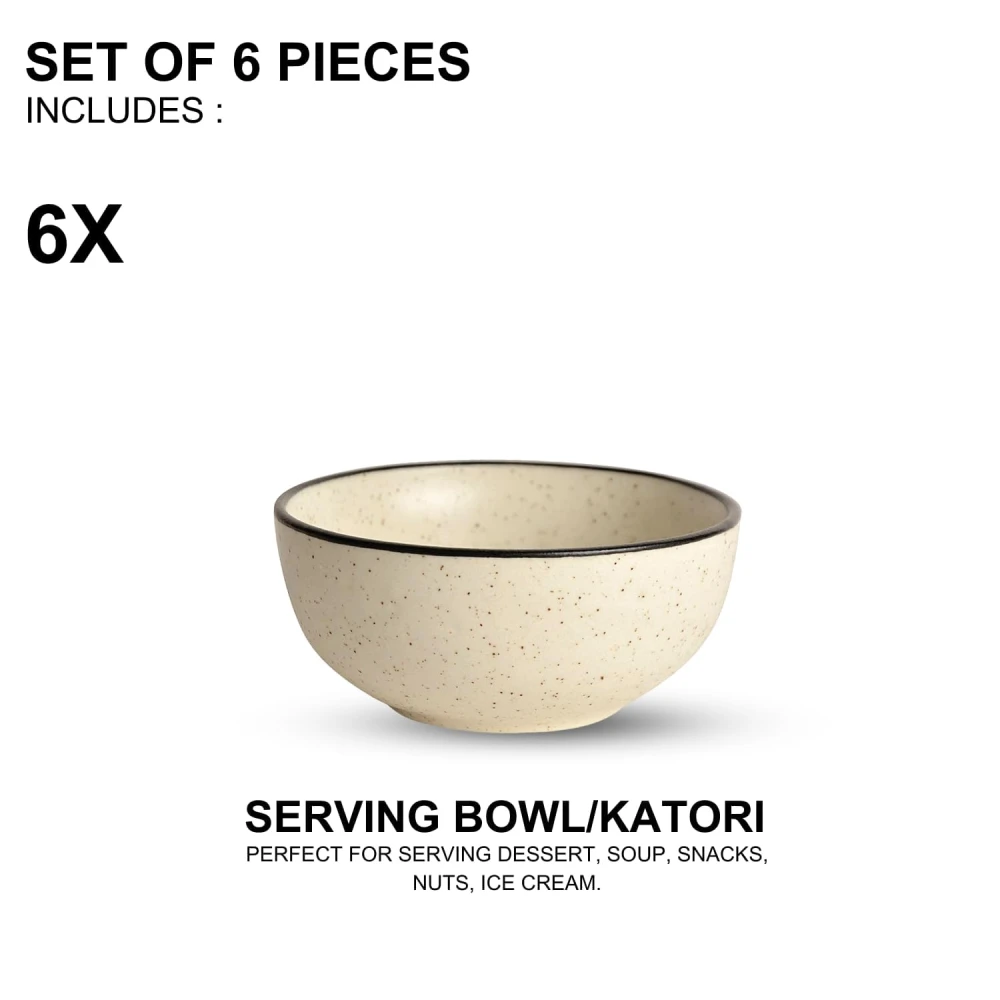 HOUSELA Hand-Painted White Ceramic Black Dotted Speckled Bowl Set of 6 (200ml) | Small Serving Soup Bowls, Cereal Bowl, Pasta Bowls | Dishwasher & Microwave Safe