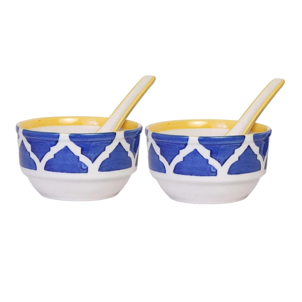 HOUSELA Soupy Floral Handpainted Ceramic Modern Soup Set Bowl with Spoon Microwave Safe Dishwasher Safe (300 ml, Blue & White) -Set of 4