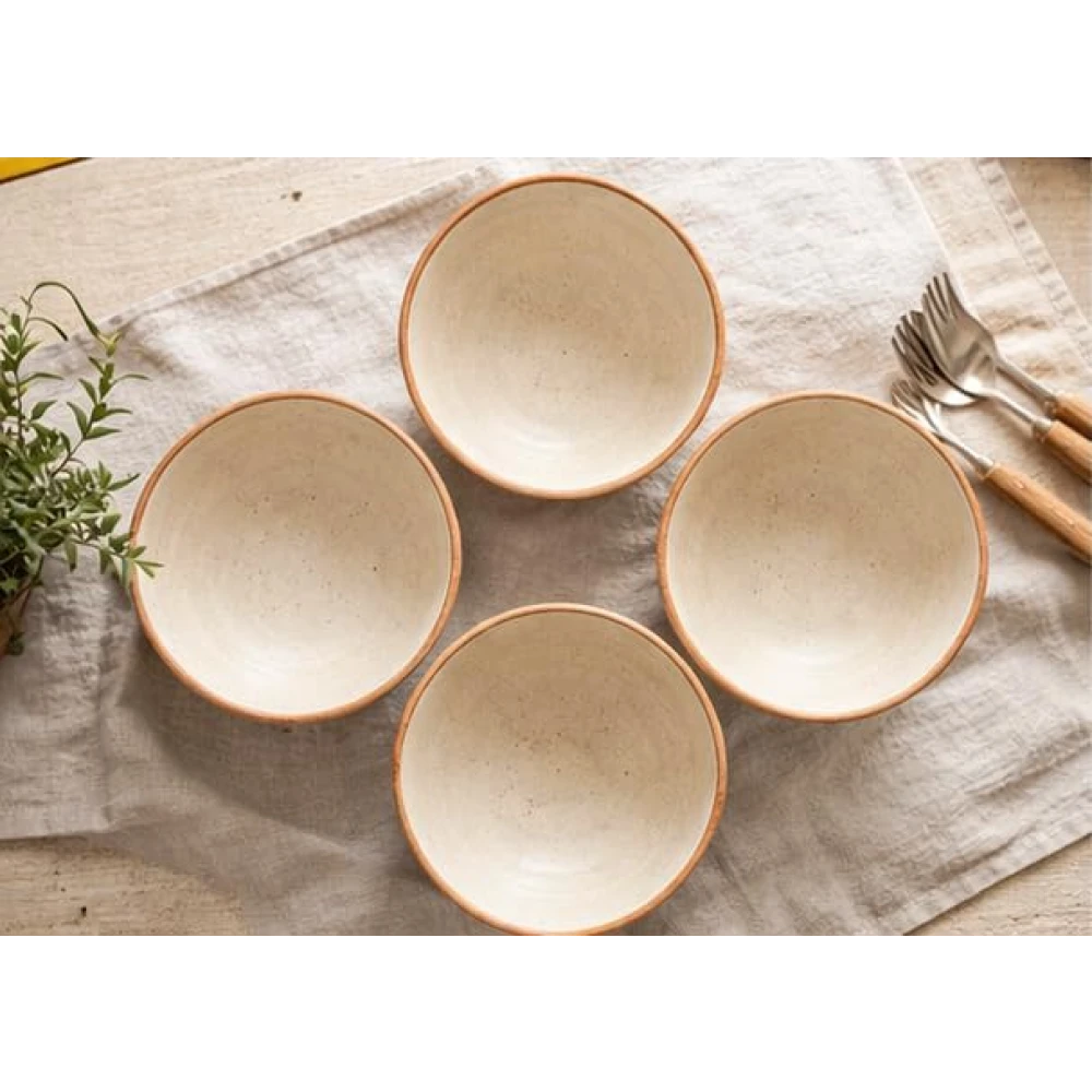 HOUSELA Hand-Painted Matte Finish Off White Ceramic Bowl Set of 4 (200ml) | Small Serving Soup Bowls, Cereal Bowl, Pasta Bowls | Dishwasher & Microwave Safe