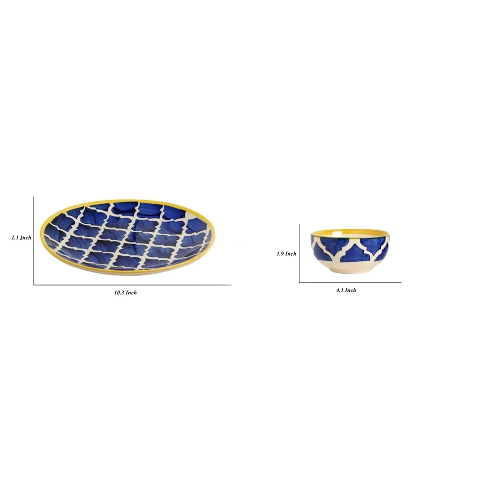 Umrao Blue Ceramic Dinner Set – 1 Serving Plate & 2 Bowls Combo | Handcrafted Royal Pattern with Yellow Rim | Microwave & Dishwasher Safe | Premium Stoneware Dining Set