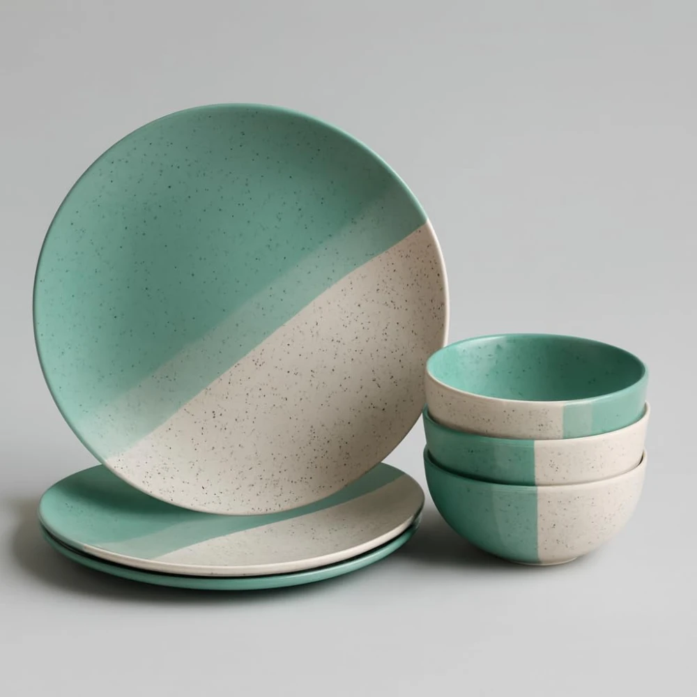 Set of 4 Ceramic Dinner Plates & 4 Bowls – Mint Green & Beige Speckled Stoneware Dinner Set, Modern Kitchen Plates 10 Inch, Soup & Cereal Bowls, Microwave & Dishwasher Safe