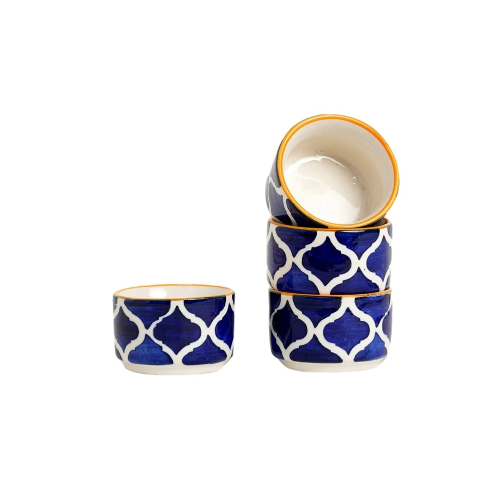HOUSELA Handpainted Moroccan/Umrao Pattern Ceramic Dip Bowl/Chutney Bowl/Pickle Bowl/Sauce Bowl/Small Katori Set in Round Shape (40 ML, Small, Set of 6 (Blue & White) for home