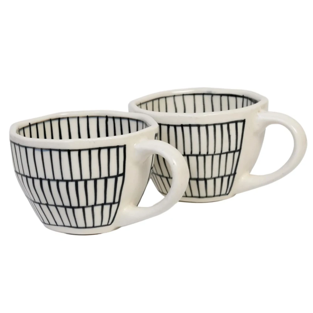 Rudrart Creations Chevron Waves Handcrafted Ceramic Coffee Mug Set of 2 (300 ML Each) | Premium Stoneware Tea Cups | Microwave & Dishwasher Safe | Modern Hand-Painted Black & White Designer Cups