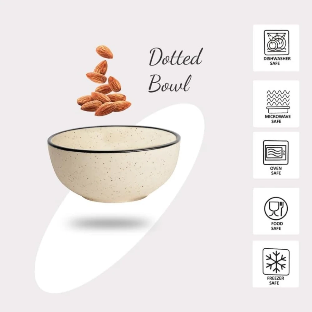 HOUSELA Hand-Painted White Ceramic Black Dotted Speckled Bowl Set of 4 (120ml) | Small Serving Soup Bowls, Cereal Bowl, Pasta Bowls | Dishwasher & Microwave Safe - Off White