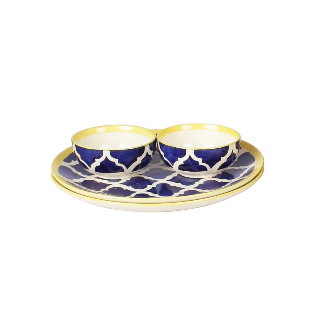 Morrocan/Umrao Ceramic Plates for Dinner with Katoris (4 Pieces, 2 Bowl & 2 Plates, Dishwasher & Microwave Safe) -Dinner Sets -(Blue & Yellow)