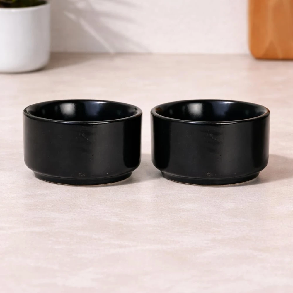 HOUSELA Ceramic Dip Bowls Set | Perfect for Chutneys, Ketchup, Sauces, Snacks | Durable, Dishwasher Safe, Ideal for Parties and Everyday Use | - Black (50 ml, Set of 2)