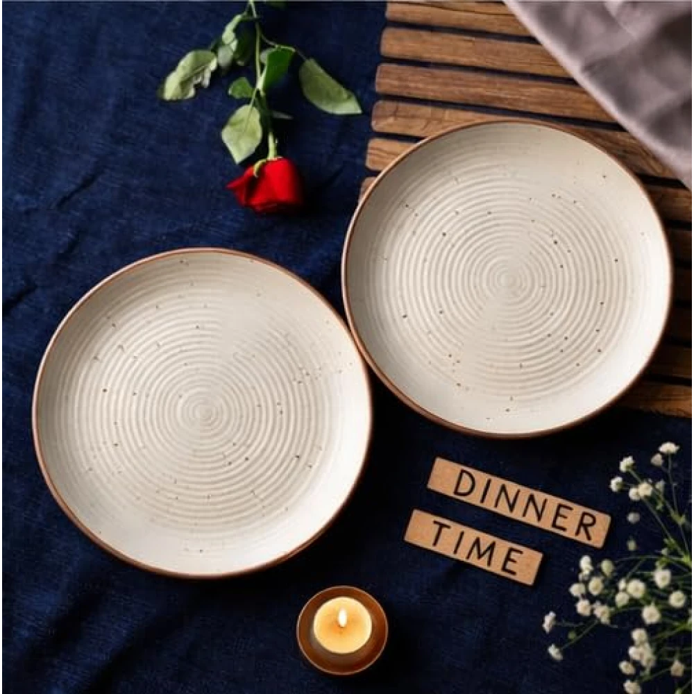 Housela Cream Ribbed Stoneware Dinner Plates 10.3 Inch Set of 2 Pcs Ceramic Plates for Dinner | Microwave & Dishwasher Safe | Off White