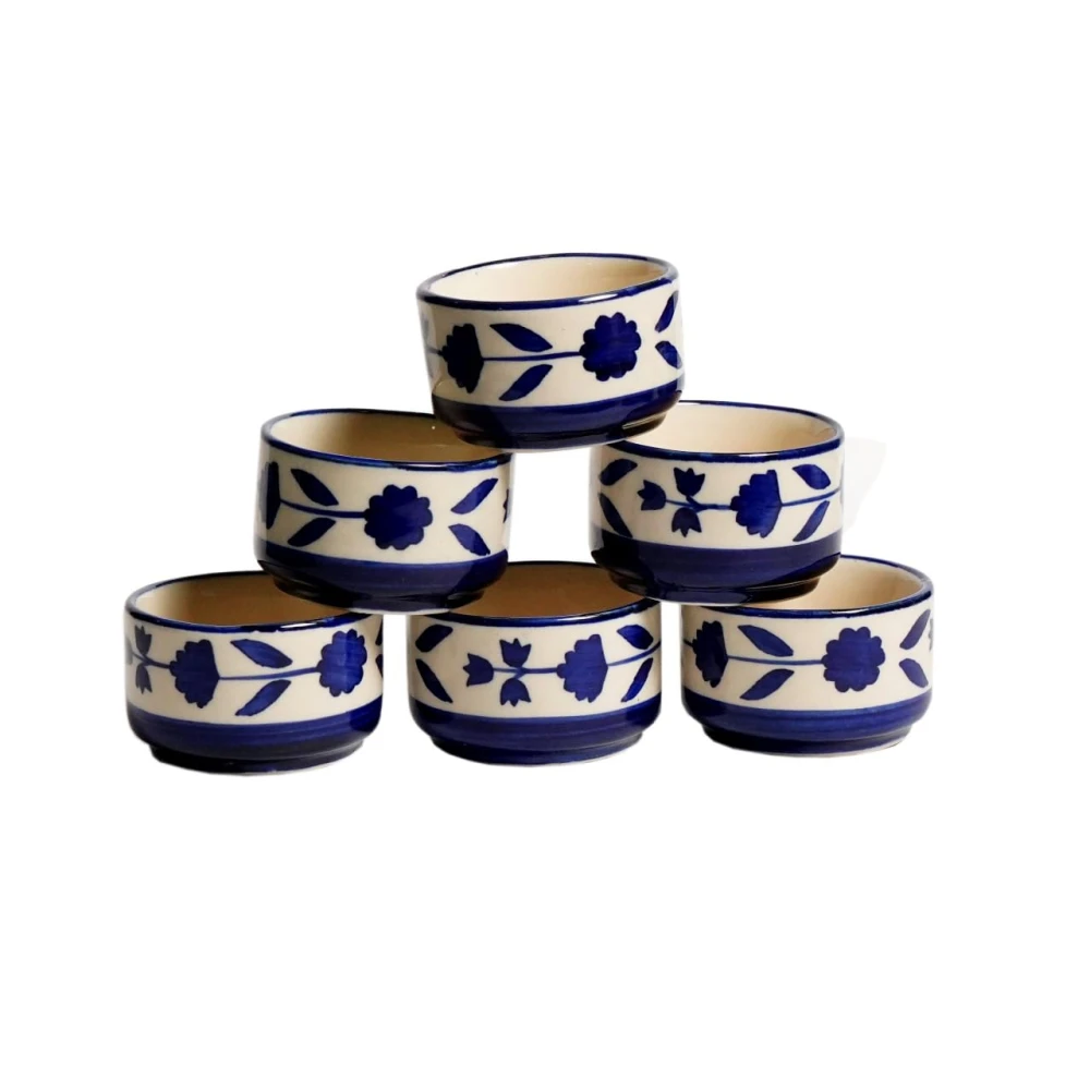 Rudrart Creation Handcrafted Ceramic Serving Bowl Set | Blue Floral Hand-Painted Bowls for Dining & Kitchen Use | Ideal for Serving Snacks, Soups | Microwave & Dishwasher Safe | (Set of 6)