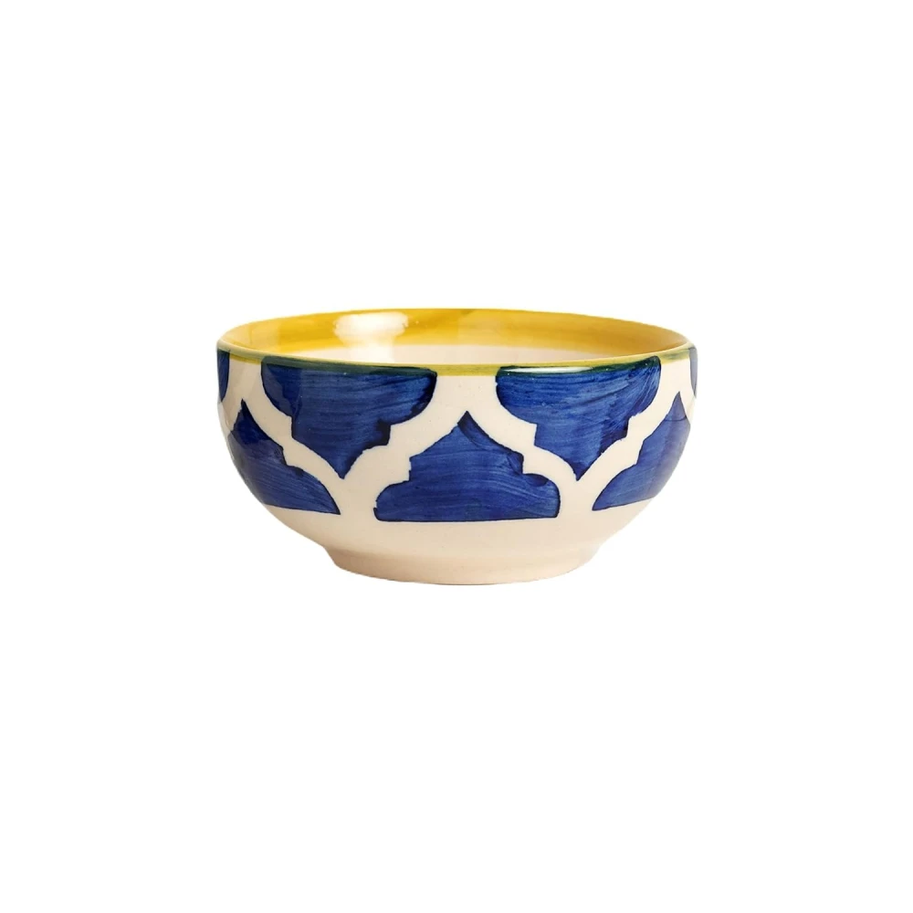 Umrao Blue Ceramic Dinner Set – 1 Serving Plate & 2 Bowls Combo | Handcrafted Royal Pattern with Yellow Rim | Microwave & Dishwasher Safe | Premium Stoneware Dining Set