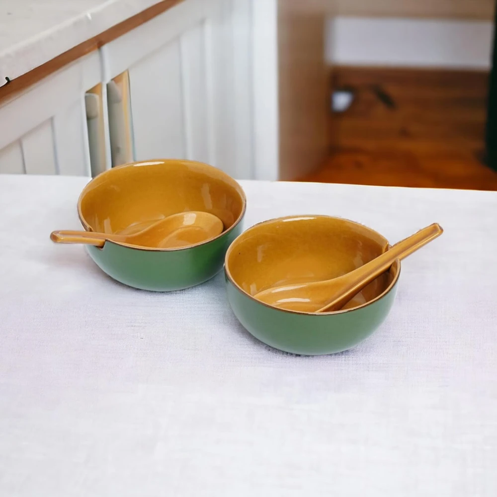 HOUSELA Ceramic Soup Bowl Set with Spoon, Set of 2, 300ml | Soup Mug/Cup | Glossy Finish | Microwave Safe (Soup Cup Set of 2 - Teal Green)