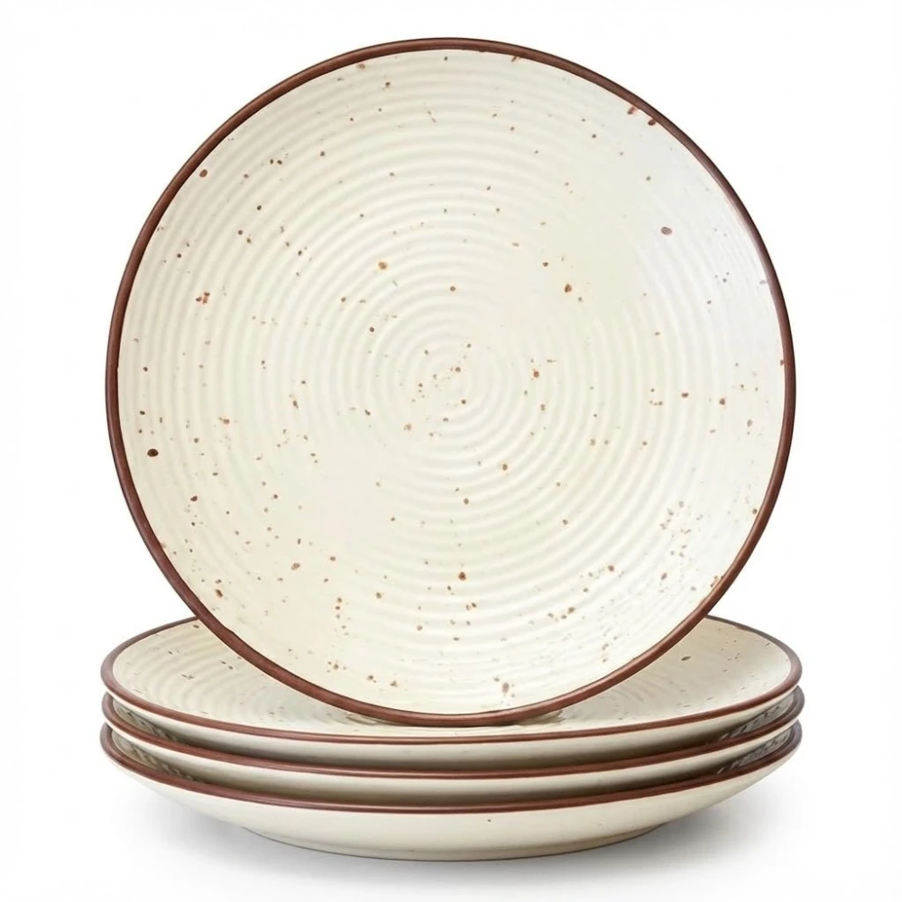 HOUSELA Stoneware Ceramic Dinner Plates Set of 4 (10.3 Inch) | Off White Ribbed Design Plates | Microwave & Dishwasher Safe | Tableware Set for Dining Table