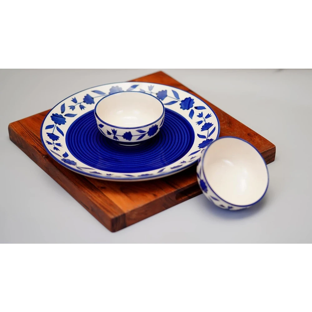 Hand-Painted Floral Ceramic Dinner Set of 3 Pcs | 1 Ceramic Dinner Plate and 2 Bowl/katori | Bone Ash Free | Microwave and Dishwasher Safe - Blue