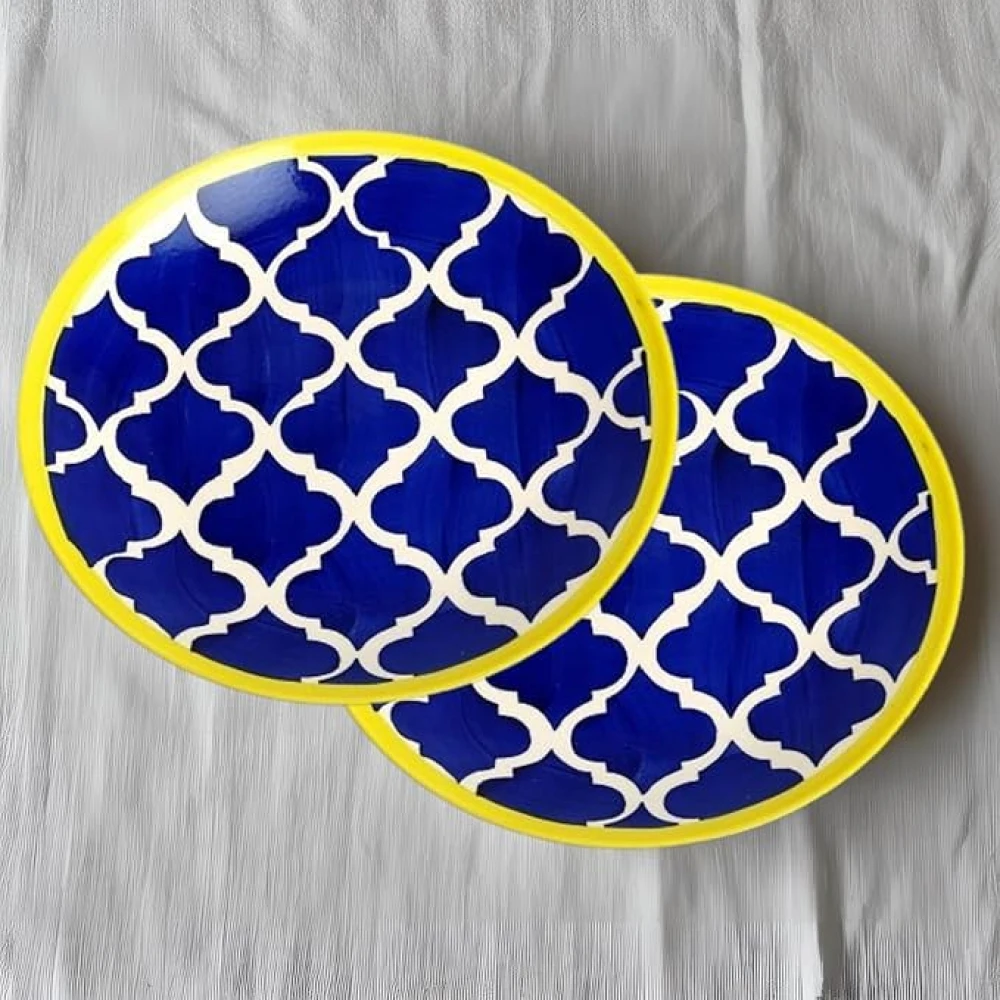 Hand-Painted Stoneware Moroccan Premium Ceramic 10-inch Big Plate Set of 2 Pcs | Bone Ash Free | Microwave and Dishwasher Safe - Blue