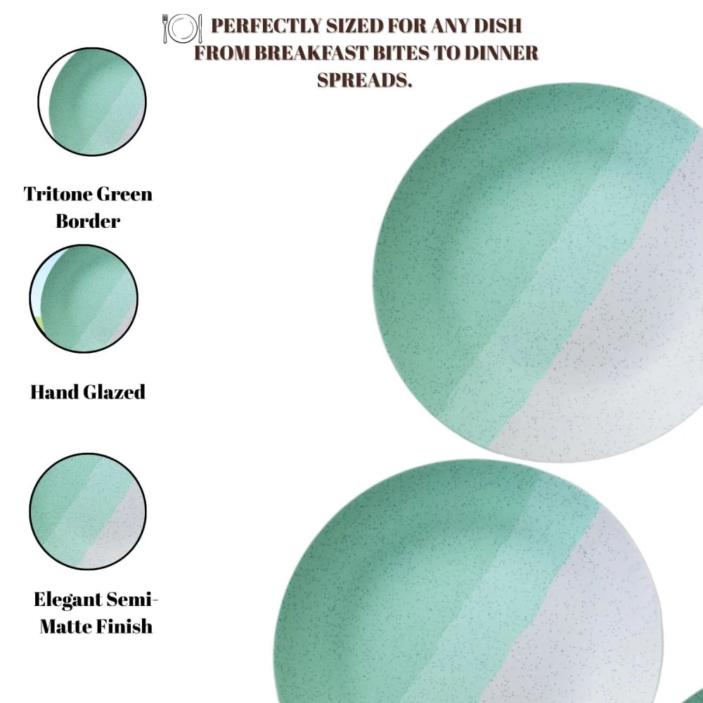 Set of 2 Modern Ceramic Dinner Plates – 10.6'' Speckled Stoneware Plates with Half Mint Green & White Design/Microwave & Dishwasher Safe