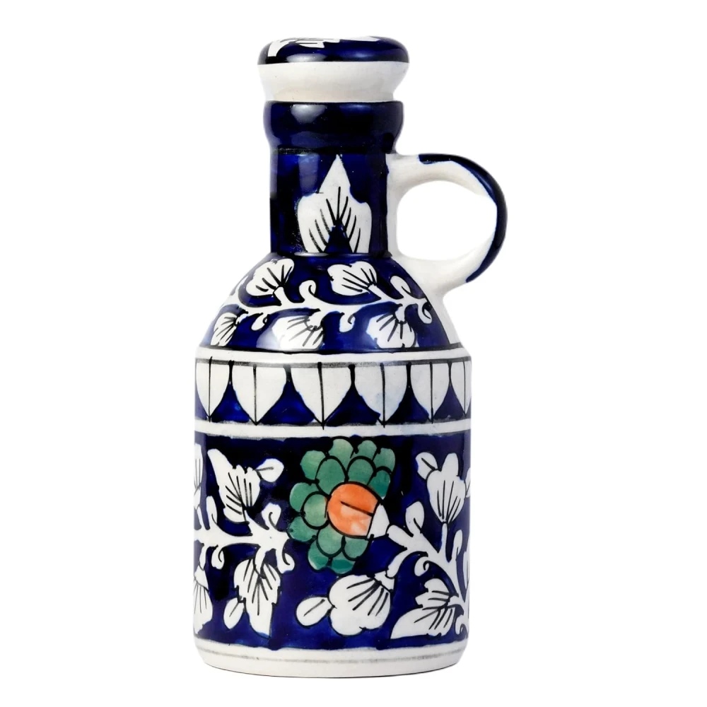 HOUSELA Ceramic Blue Floral Art 500 ML Oil Dispenser for Kitchen, Oil Bottle,Oil Sprayer,Vinegar Bottle for Kitchen Storage/100% Food & Microwave Safe| 1 Piece-Orange & White