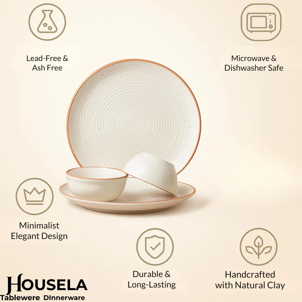 Housela Hand-Painted Ceramic Dinner Set of 6 | 2 Stoneware Dinner Plates 10 Inch, 2 Serving Bowls 180 ml & 2 Dip Bowls 2.4 Inch | Handmade Off-White Tableware | Microwave & Dishwasher Safe