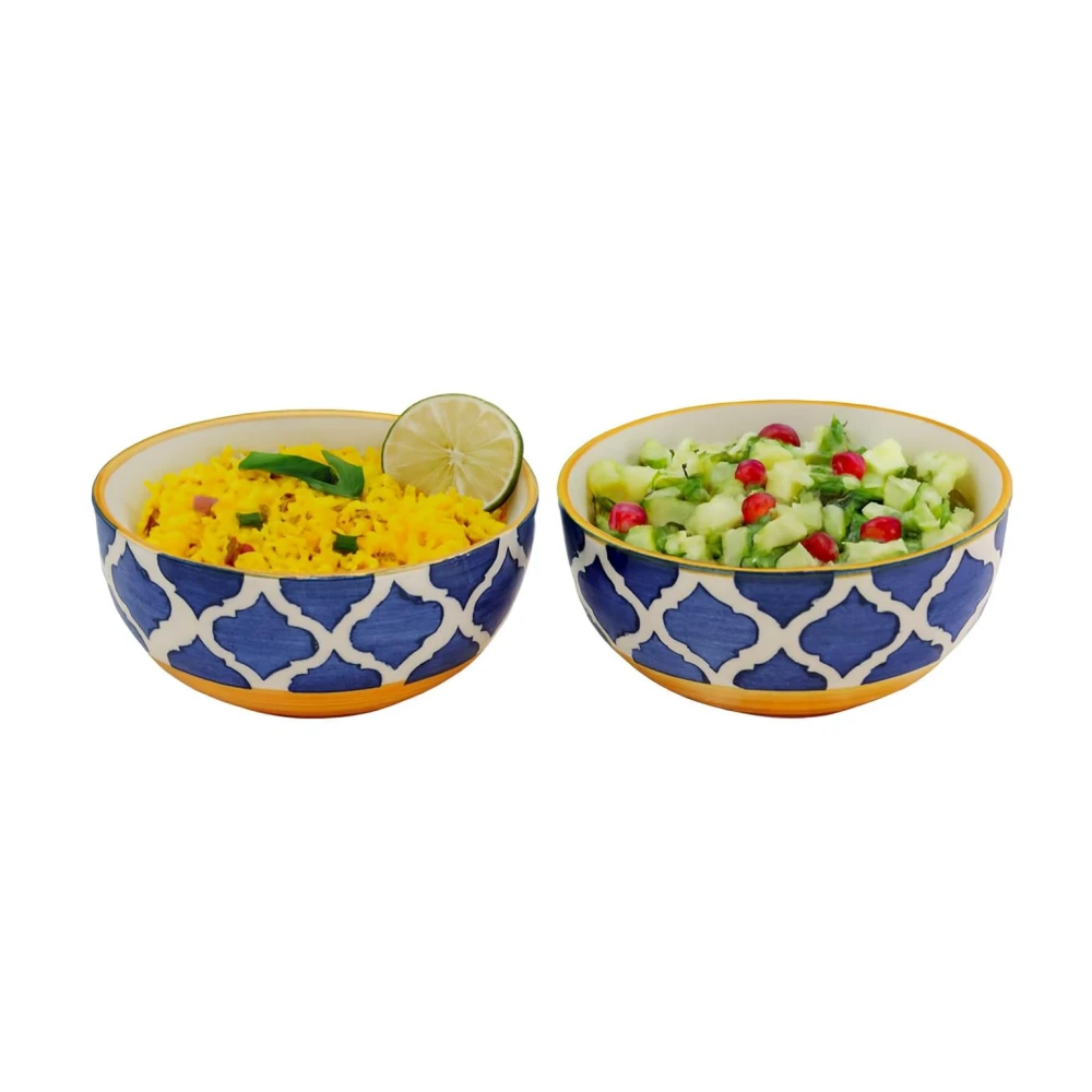 HOUSELA Hand-Painted Umrao Quarter/Moroccan Design Handpainted Bowls Set Ceramic Vegetable Bowl/Dessert Bowl/Soup Bowl (Multicolor, Pack of 2)