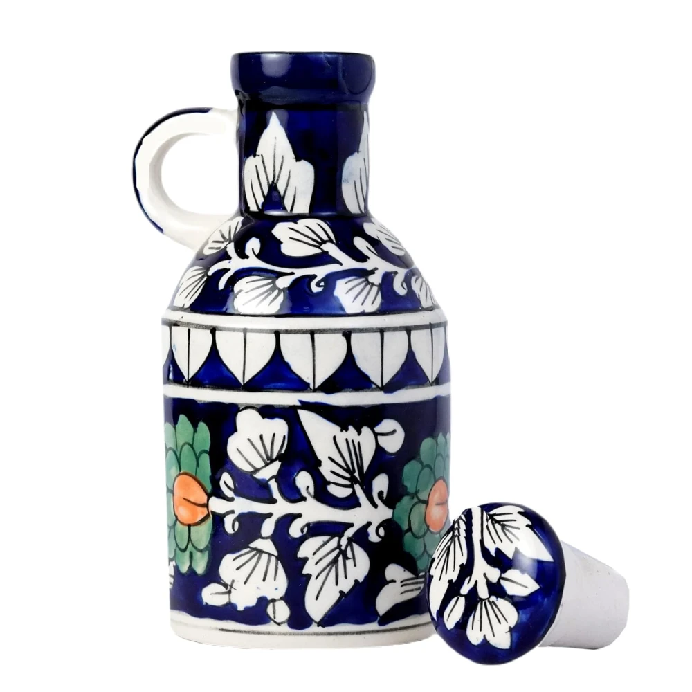 HOUSELA Ceramic Blue Floral Art 500 ML Oil Dispenser for Kitchen, Oil Bottle,Oil Sprayer,Vinegar Bottle for Kitchen Storage/100% Food & Microwave Safe| 1 Piece-Orange & White