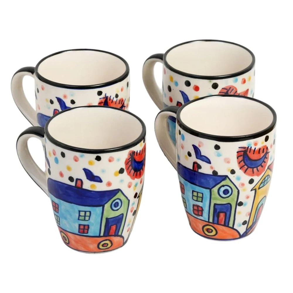 Hut Hand-Painted Serving Tea Cups Set Milk Mugs & Ceramic Coffee Mugs Set of 4 (270 ML, Microwave & Dishwasher Safe)