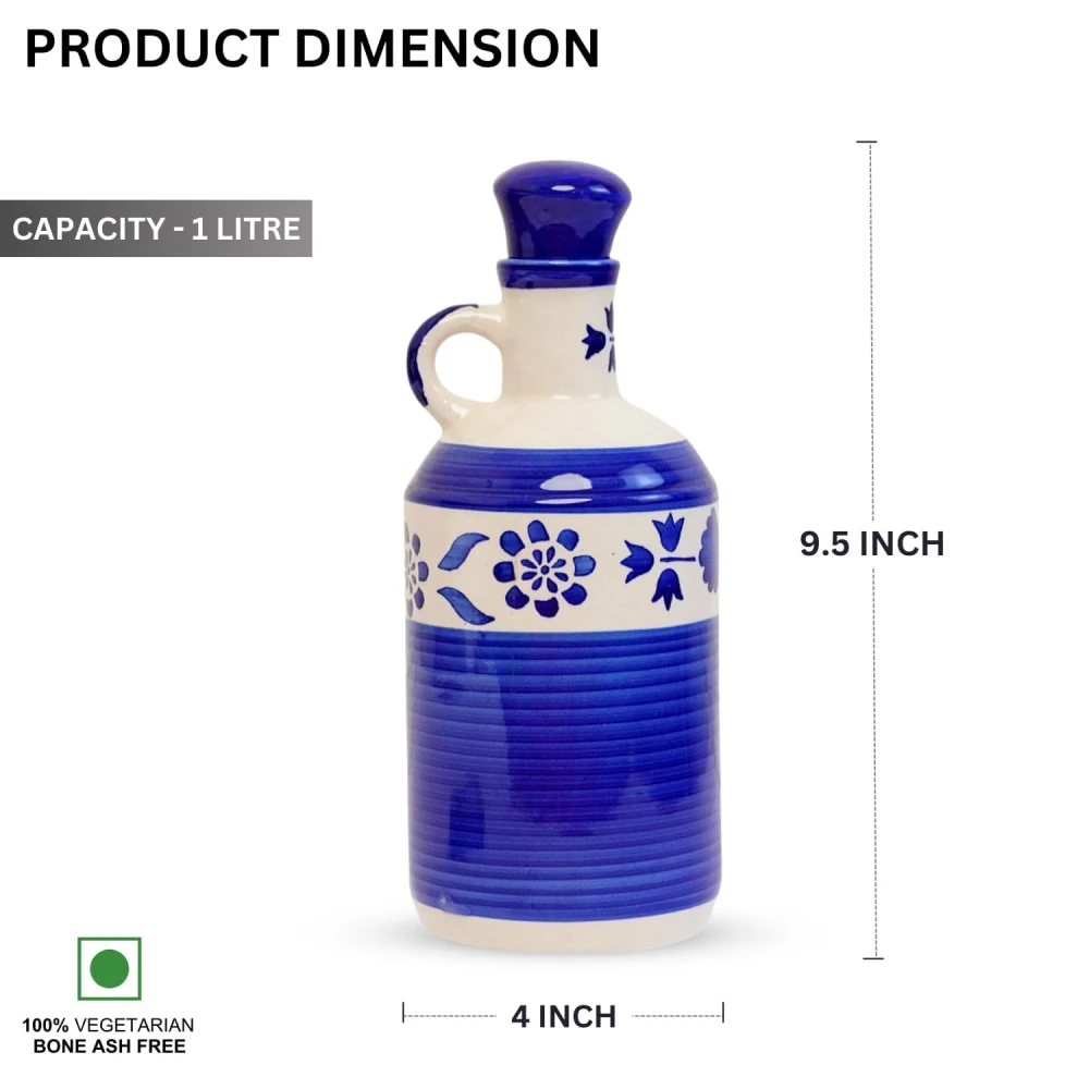 HOUSELA Handprinted Ceramic Oil Dispenser With Lid Bottle for Kitchen | 1000Ml Capacity | Perfect for Kitchen Use | Ideal for Storing Cooking Oil 100% Food & Microwave Safe - Blue, 1 Litres