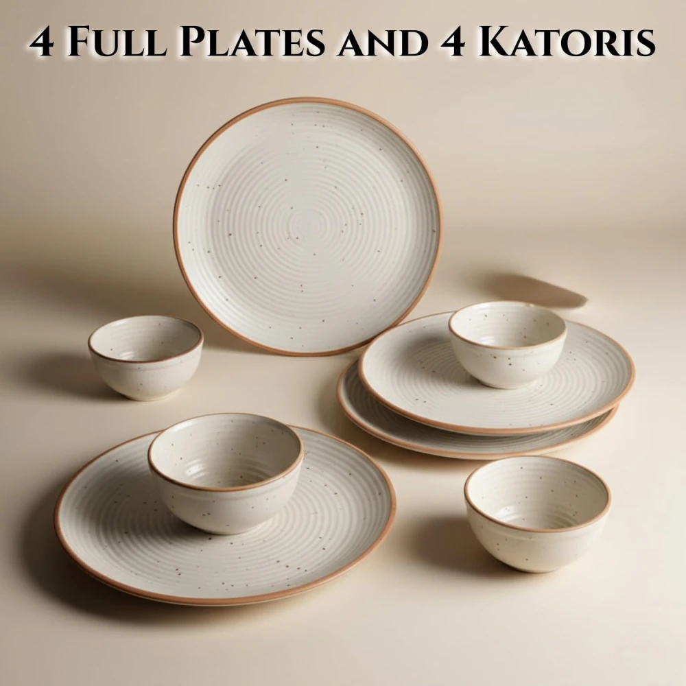 Stoneware Ceramic Dinner Set 8 Pieces – 4 Dinner Plates & 4 Bowls | Rustic Speckled Spiral Design | Microwave & Dishwasher Safe | Modern Dining Tableware Set for Home & Kitchen Use