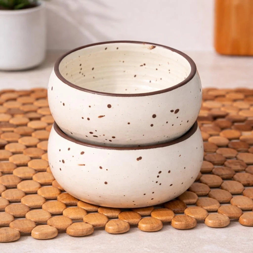 HOUSELA Ceramic Stoneware Cream White Matt Finish Serving Bowl (150 ml, Set of 6, White) | Salad Bowl (3 inch)(Microwave & Dishwasher Safe)