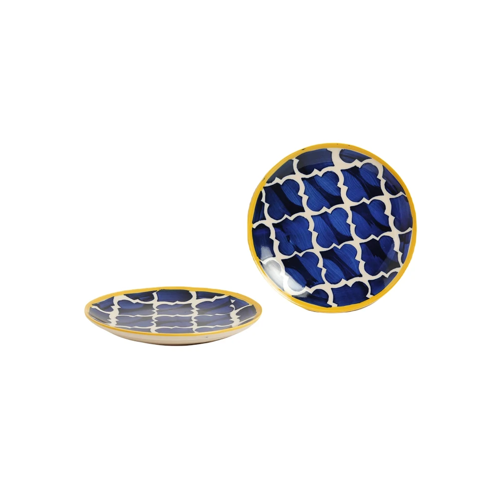 HOUSELA Ceramic Handmade Blue Umrao Quarter Moroccan Handpainted Plates for 7 (Set of 2)