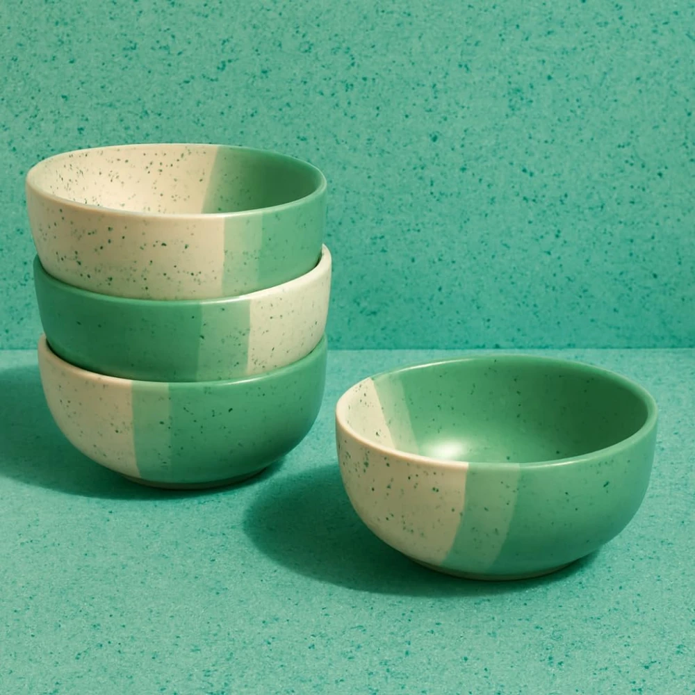 HOUSELA Handmade Dual-Tone Ceramic Bowls Set of 4 – Speckled Green & White Serving Bowls