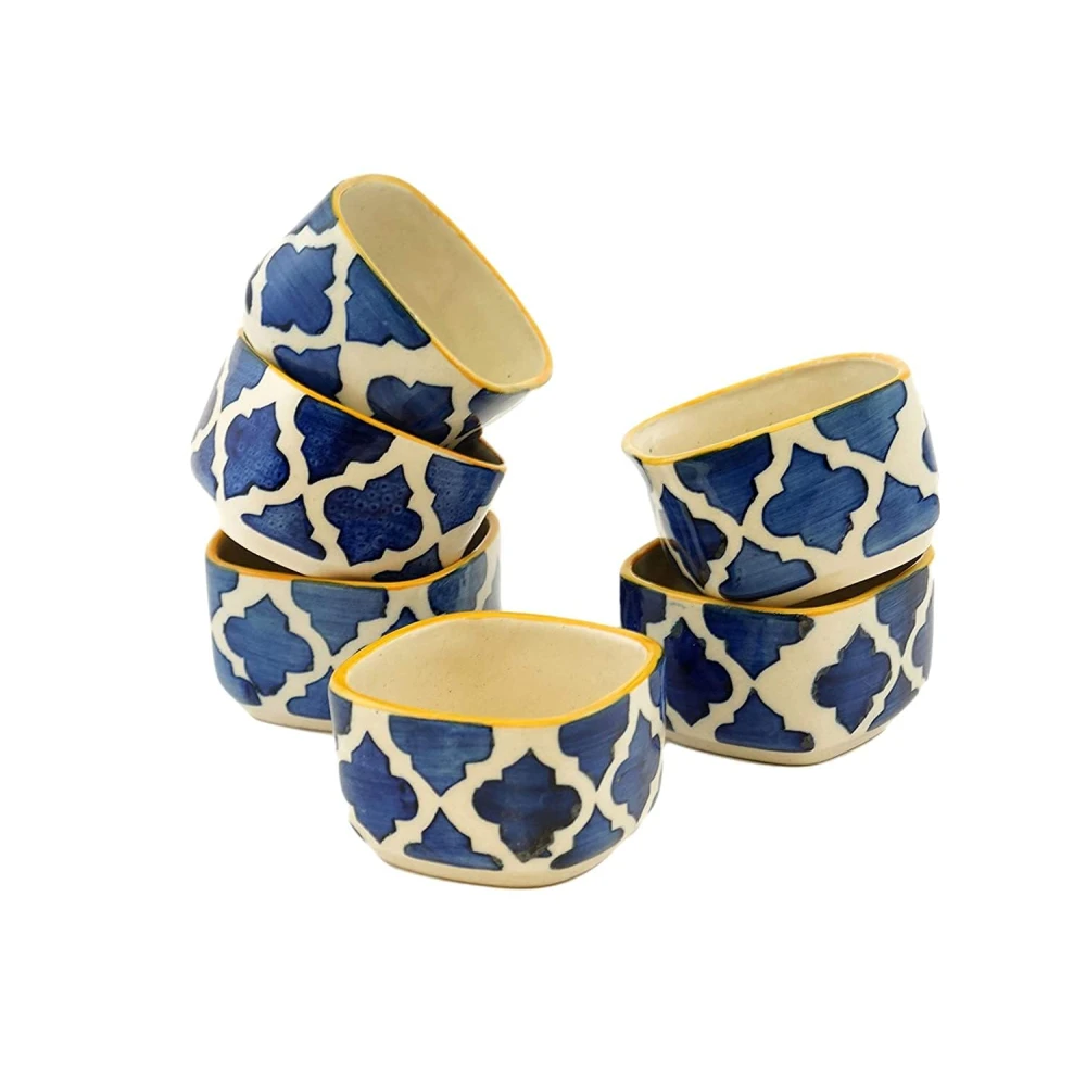 HOUSELA Stoneware Blue Classic Moroccan Pattern Chutney/Serving/Dessert/Dip/Bowl -Set of 6(Square Shape,Microwave & Dishwasher Safe