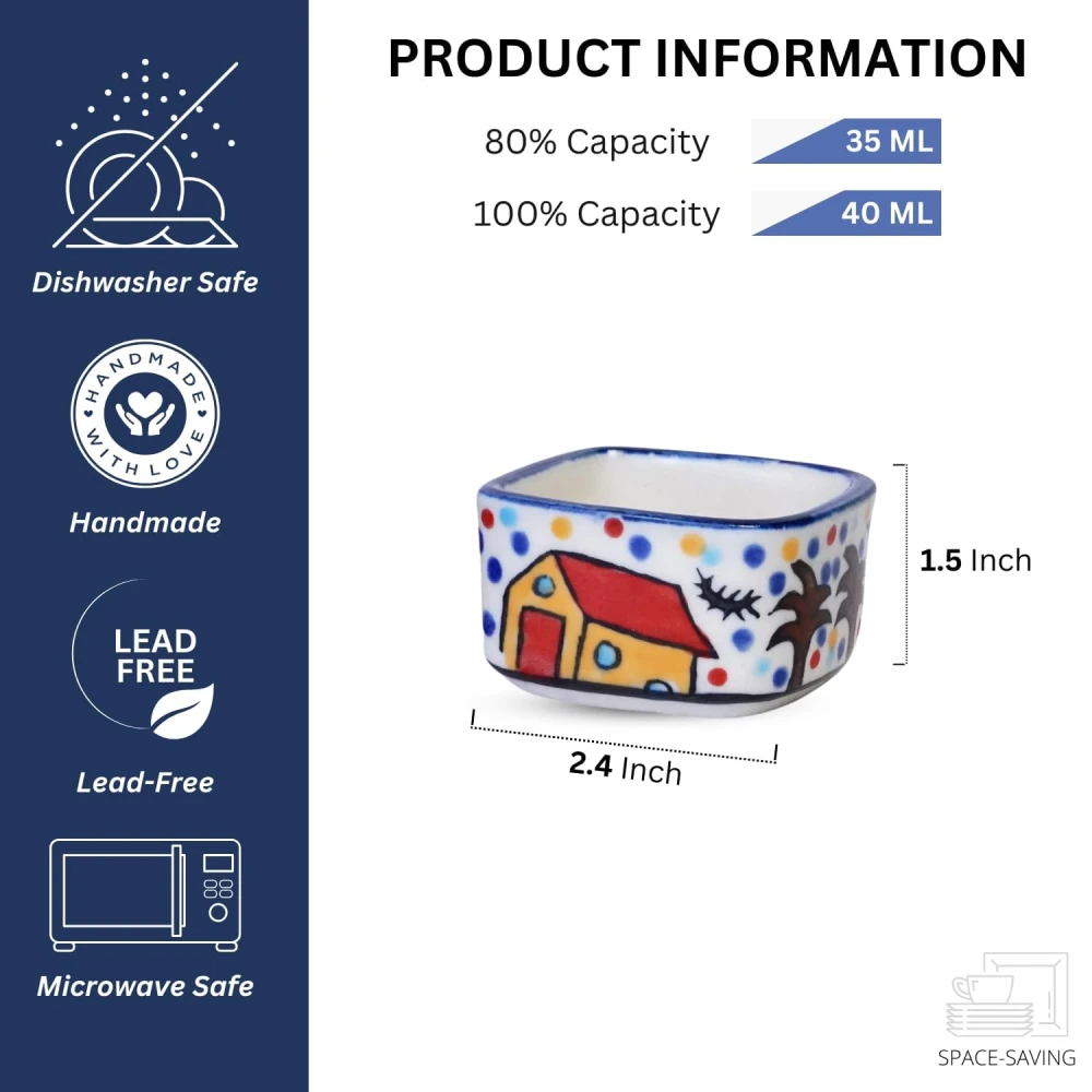 HOUSELA Hand Painted White Ceramic Square Shape Bowl for Serving Chutney Bowl Sauce Bowl Pickle Bowl Set of 2 Pcs