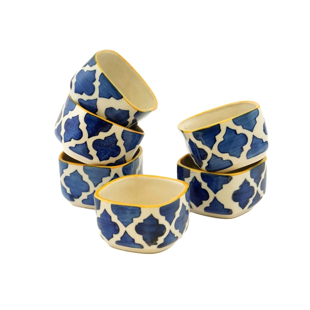 Rudrart Creation Ceramic Sauce Bowl Ceramic Chutney Bowl Set Square Shape, Blue & Yellow Color Ceramic Bowl for Serving & Gifting. (Pack of 6)